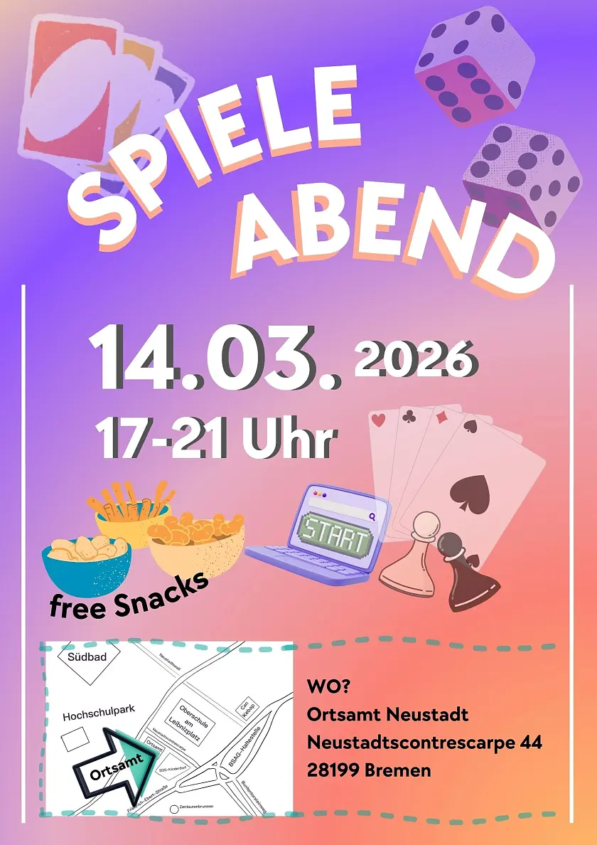 Plakat zum Spieleabend des Jugendforums Neustadt; ein buntes Plakat mit Spielesymbolen, wie Würfeln und Spielkarten, das den Spieleabend des Jugendforums Neustadt am 14.03.26 bewirbt.