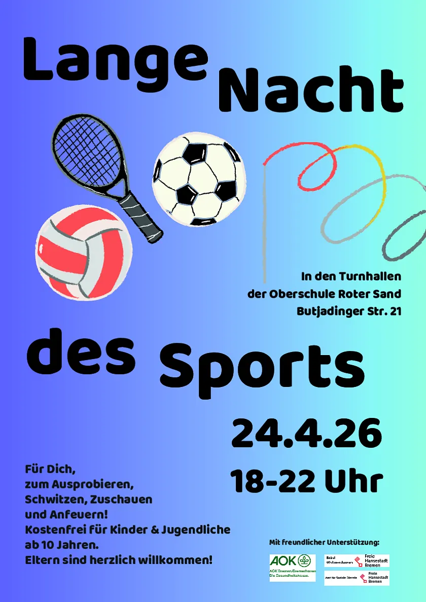 Plakat zur Langen Nacht des Sports 2026 am 24.04. mit Bildern von Sportartikeln vor einem hellblauen Hintergrund. 