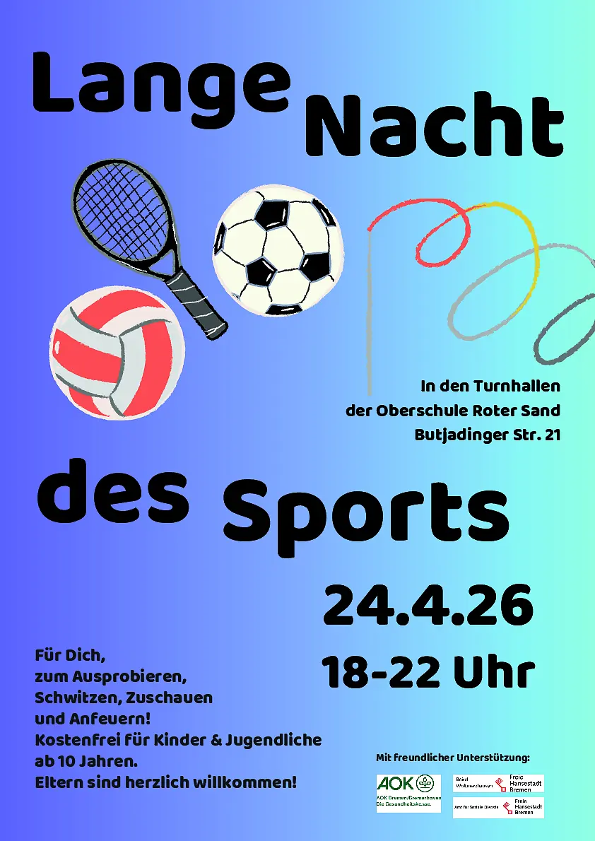 Plakat zur Langen Nacht des Sports 2026 am 24.04. mit Bildern von Sportartikeln vor einem hellblauen Hintergrund. 