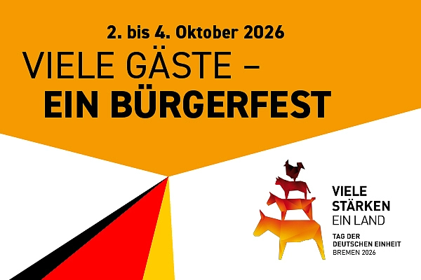 Einladung zum Bürgerfest der Stadt Bremen am 2. bis zum 4. Oktober. Obere hälfte der Grafik ist orange, die untere ist weiß. Ein Schwarz-Rot-Goldenes-Banner, zieht sich wie eine Straße vom unteren Rand bis in die Mitte. Im unteren rechten Viertel befinden sich die Bremer Stadtmusikanten in einem schwarz rot goldenen Farbverlauf zusammen mit dem Motto des Bundeslandes Bremen.